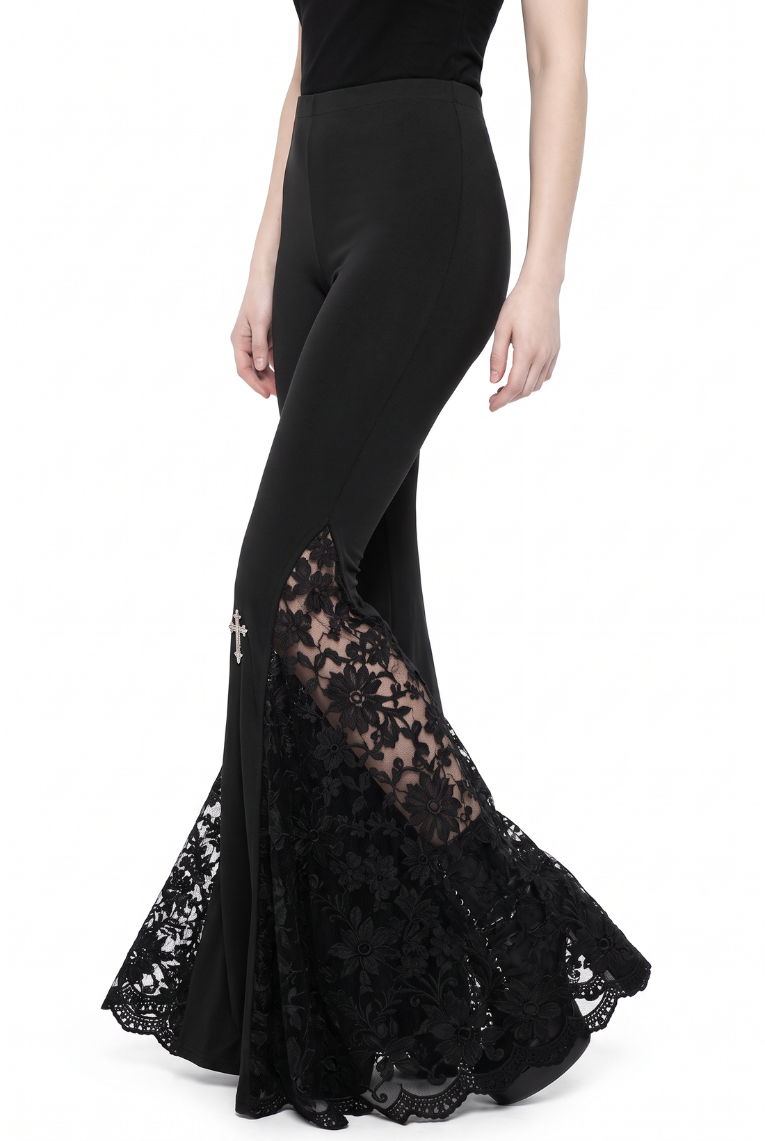 Cathedral Mesh Flares — Gothic Floral-Lace Flare Trousers