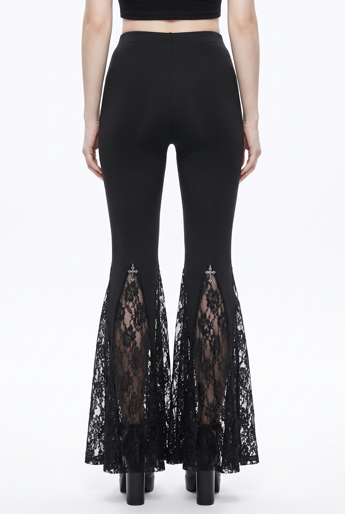 Cathedral Mesh Flares — Gothic Floral-Lace Flare Trousers