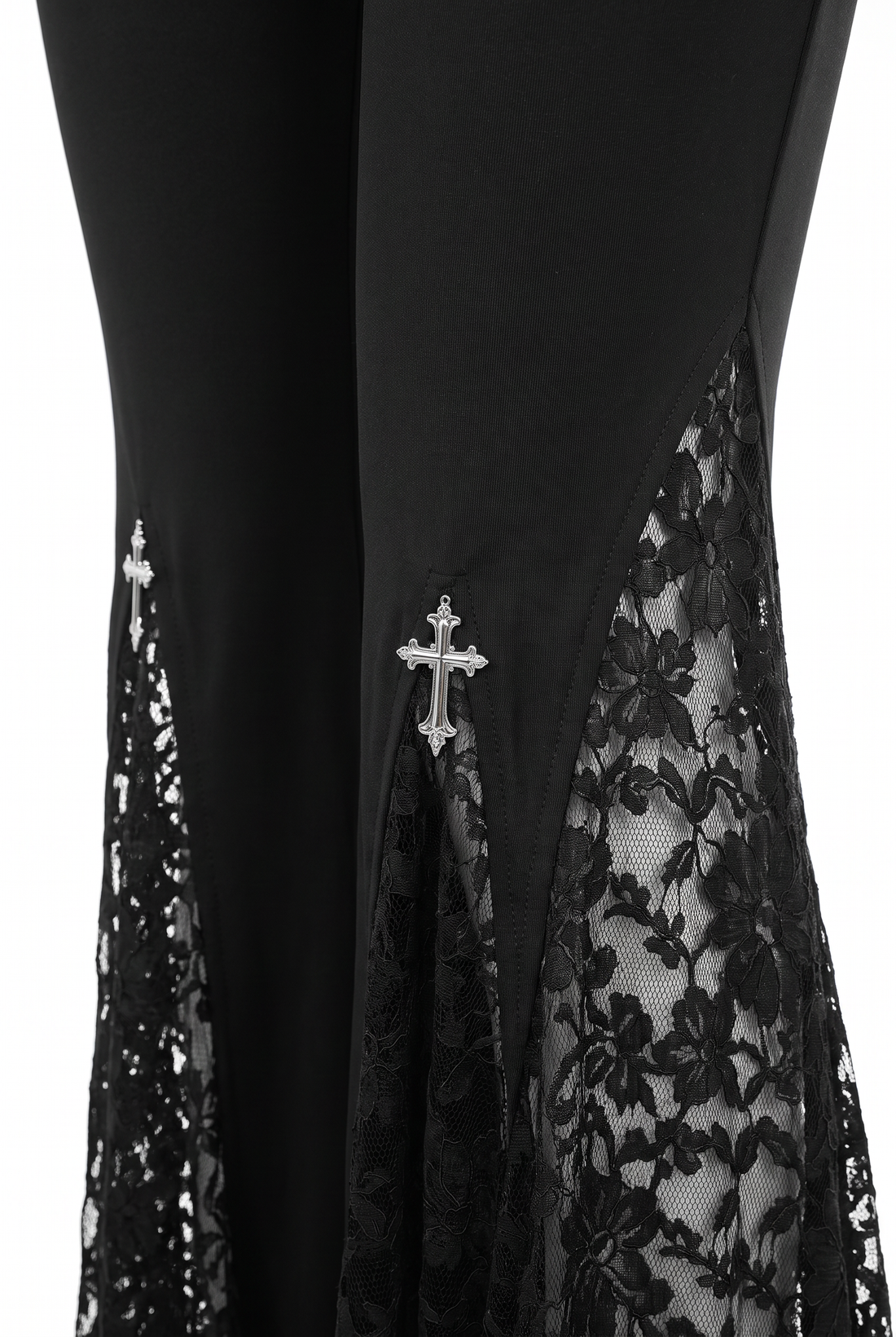 Cathedral Mesh Flares — Gothic Floral-Lace Flare Trousers