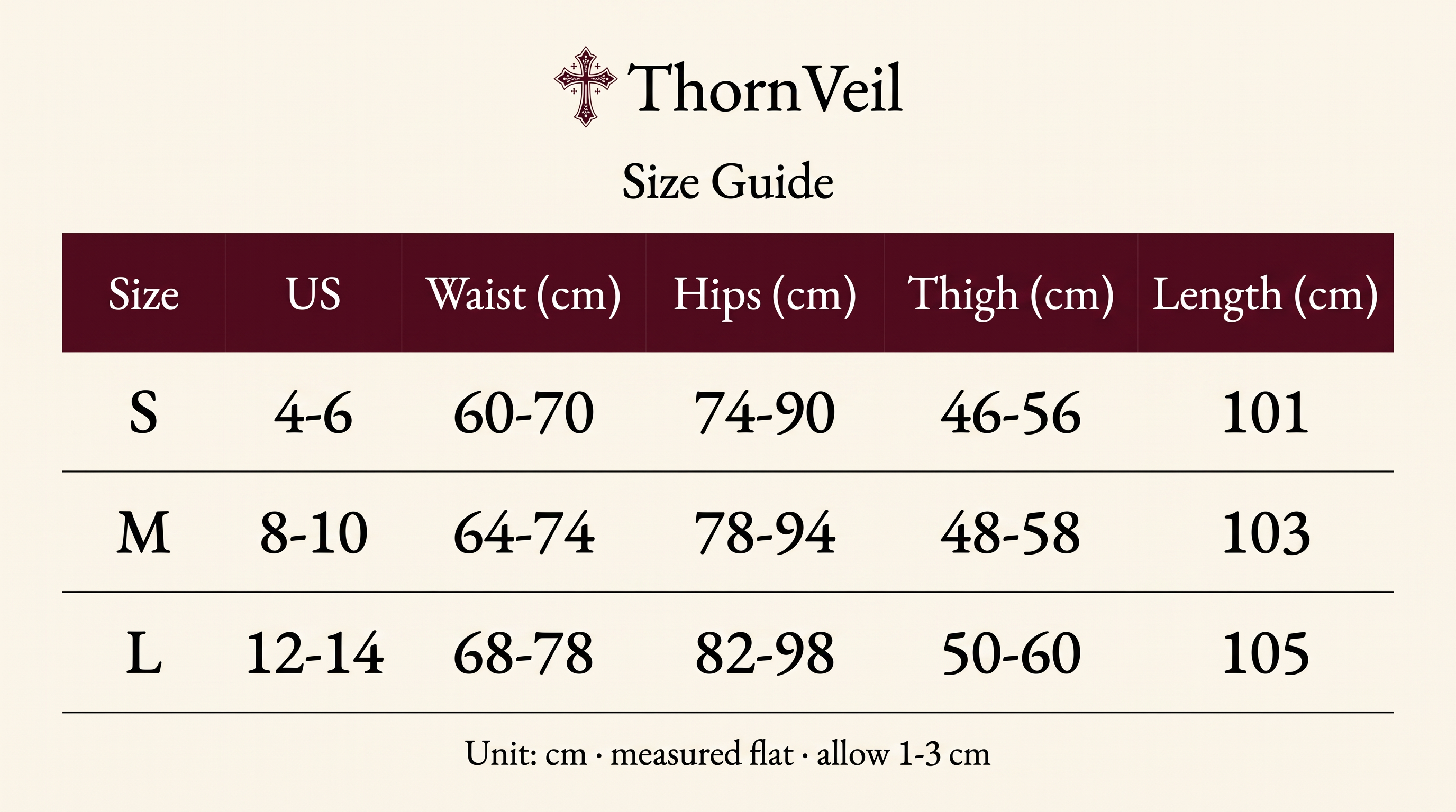 ThornVeil Size Guide